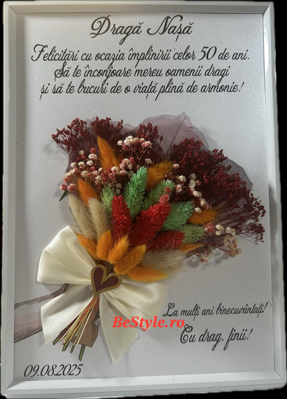 Tablou nunta pentru nasa cu buchet din flori uscate
