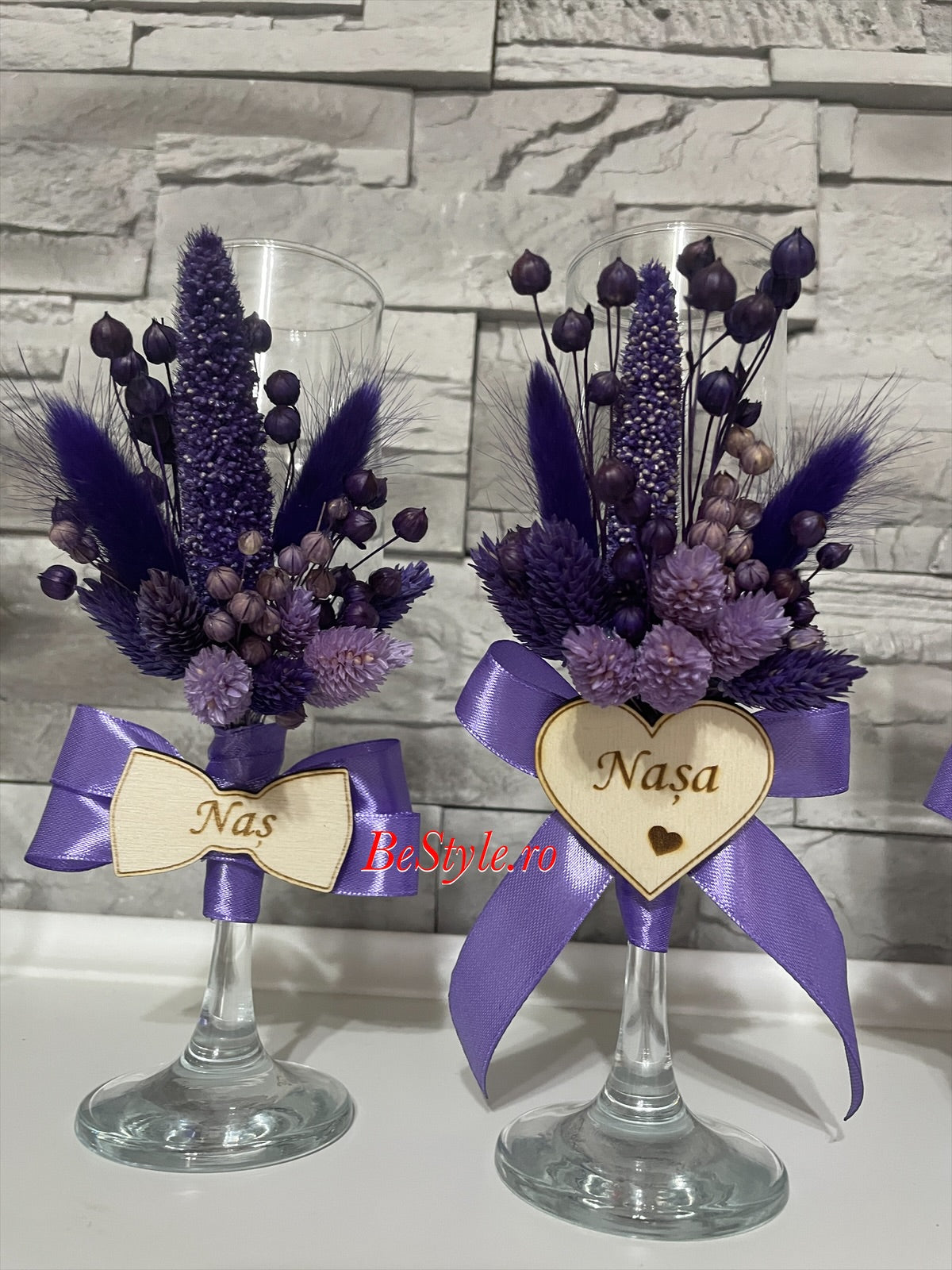 Pahare nunta personalizate, cu flori uscate