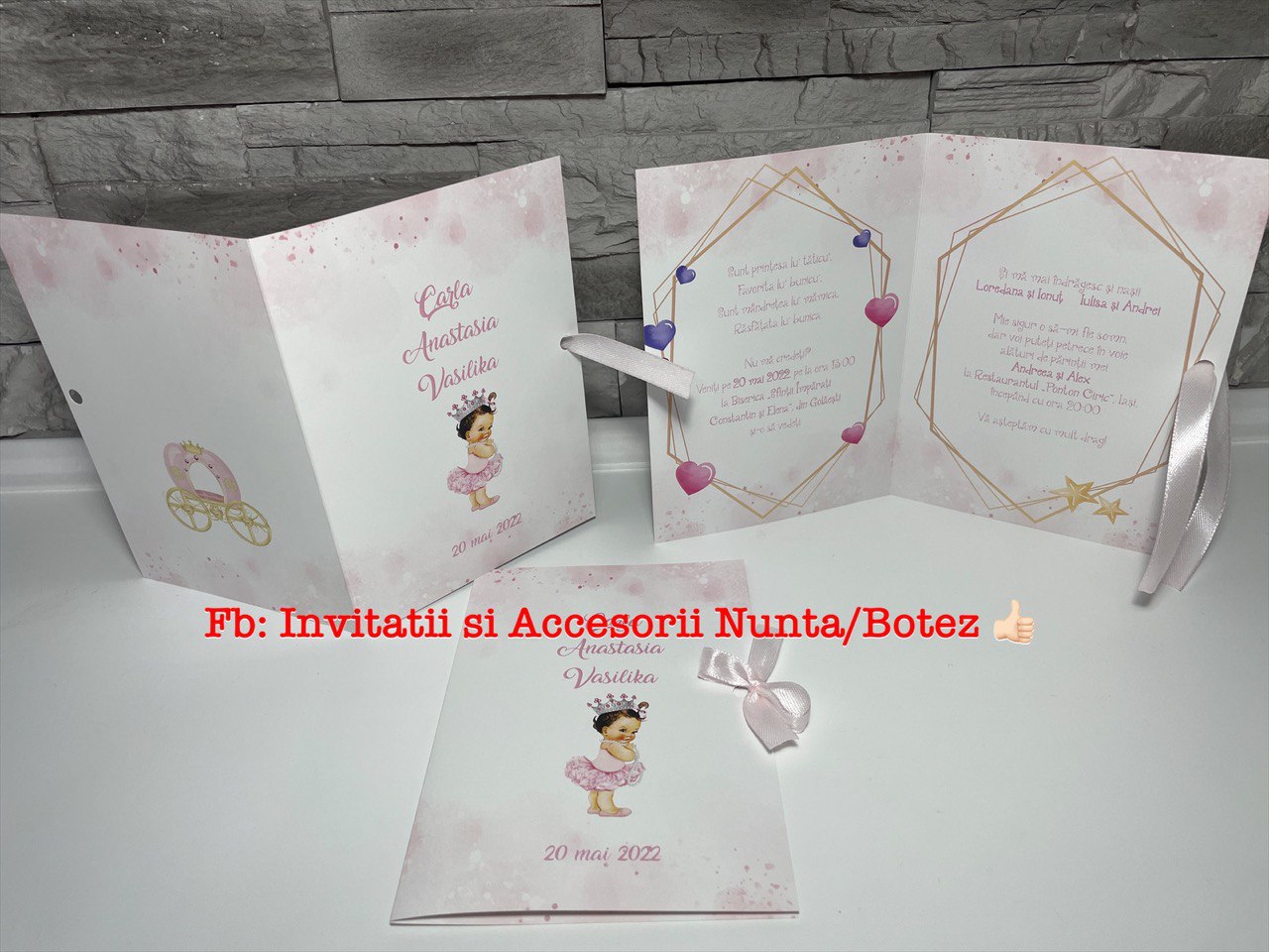 Invitatie botez BSIB023 cu fundita - Princess carriage