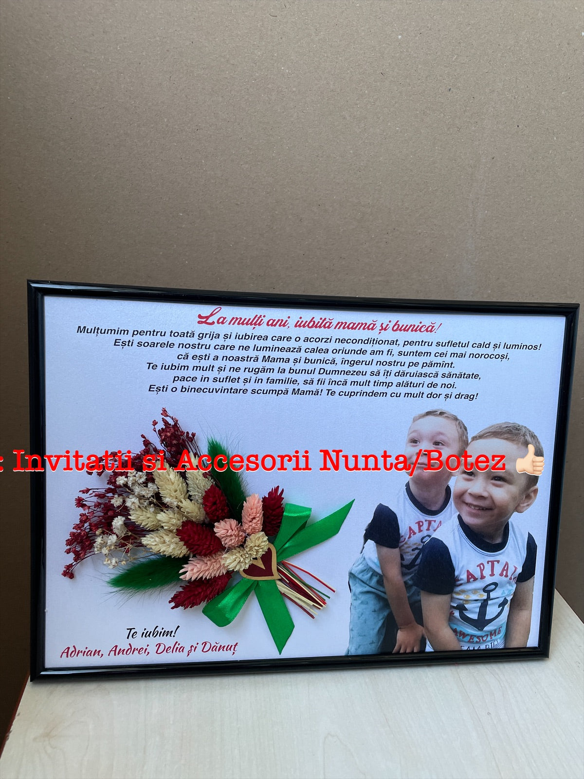 Tablou personalizat cu fotografie si buchet din flori uscate pentru bunici A4