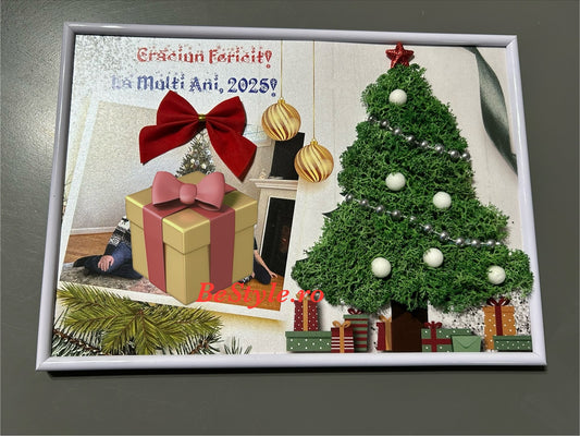 Tablou A4 cu bradut din licheni si mesaj personalizat de Craciun