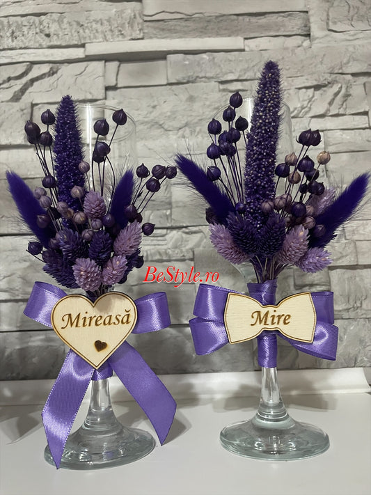 Pahare nunta personalizate, cu flori uscate