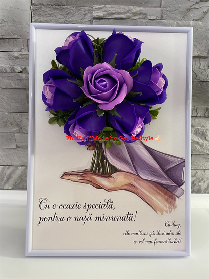 Tablou nunta pentru nasi cu buchet din trandafiri de sapun