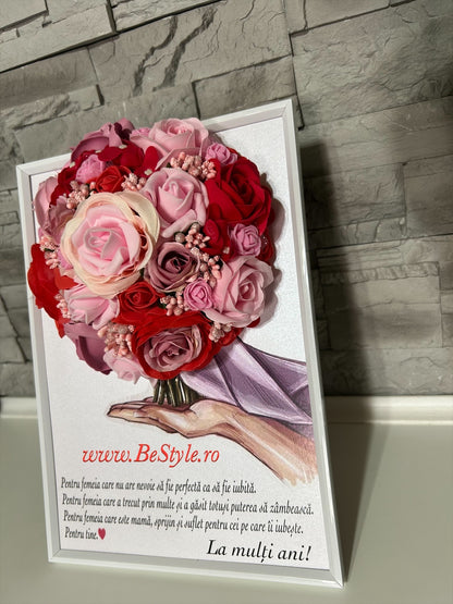 Tablou personalizat cu buchet din trandafiri de matase și de sapun pentru mama și cea mai buna sotie