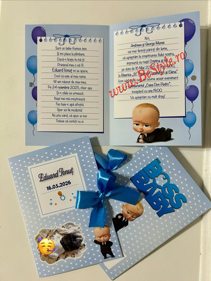 Invitatie botez BSIB019 cu fundita - Boss Baby