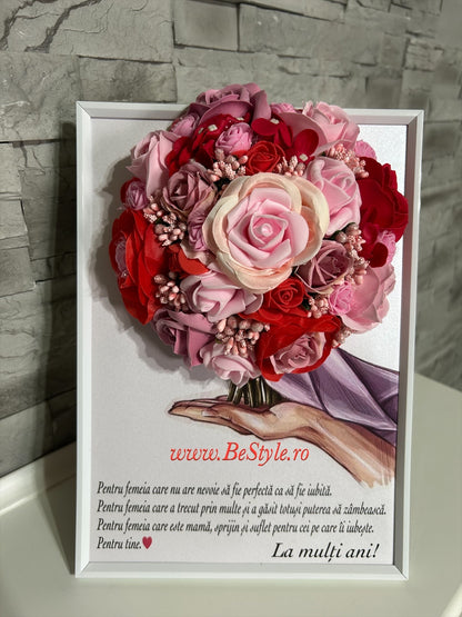 Tablou personalizat cu buchet din trandafiri de matase și de sapun pentru mama și cea mai buna sotie