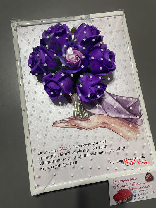 Tablou pentru nasii de botez cu buchet din trandafiri de sapun