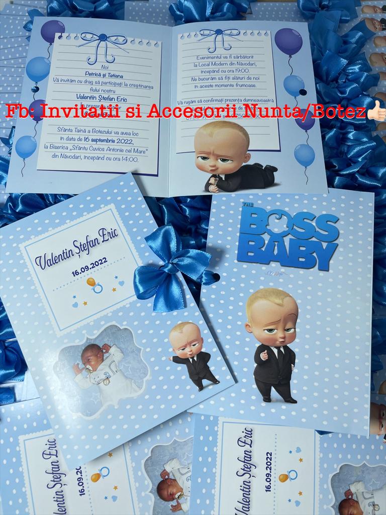 Invitatie botez BSIB019 cu fundita - Boss Baby