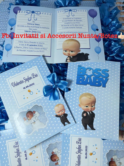 Invitatie botez BSIB019 cu fundita - Boss Baby