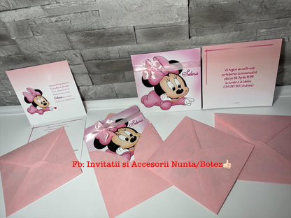 Invitatie botez BSIB005 cu fundita - Baby Minnie Mouse
