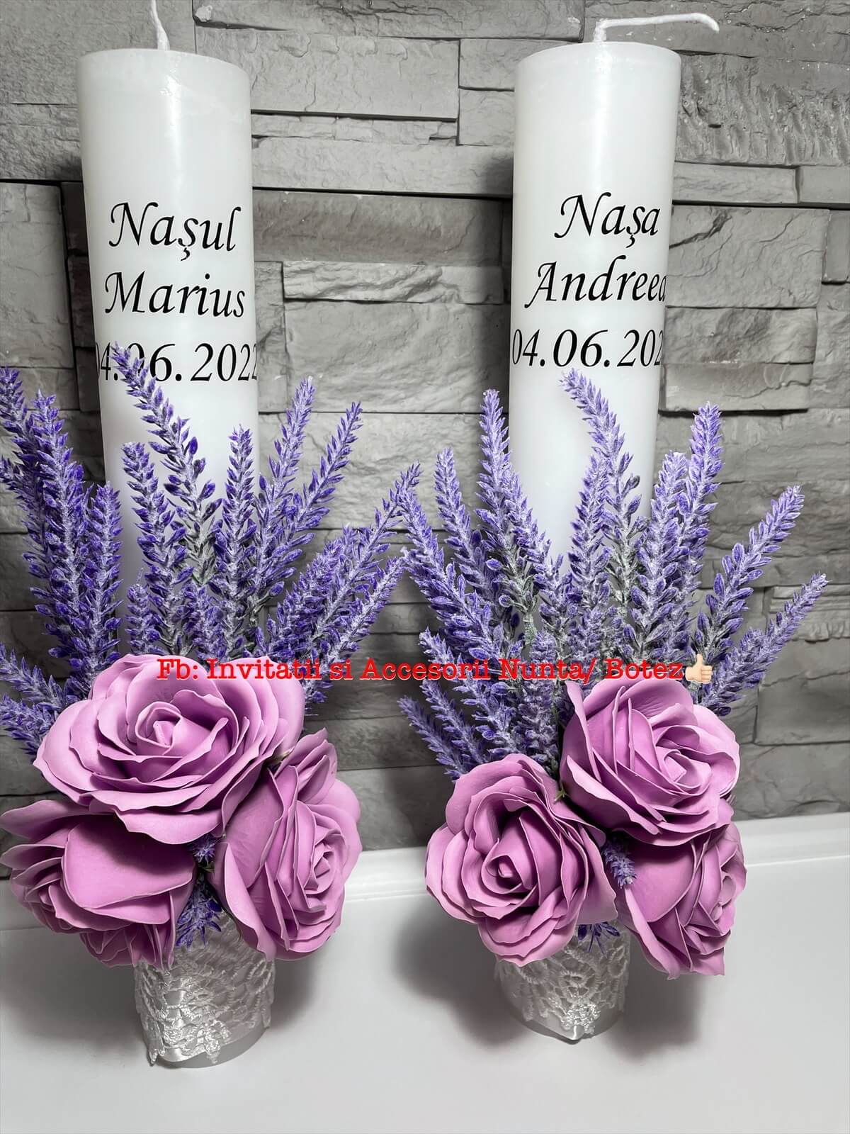 Lumanare nunta personalizata, cu lavanda si trandafiri de sapun