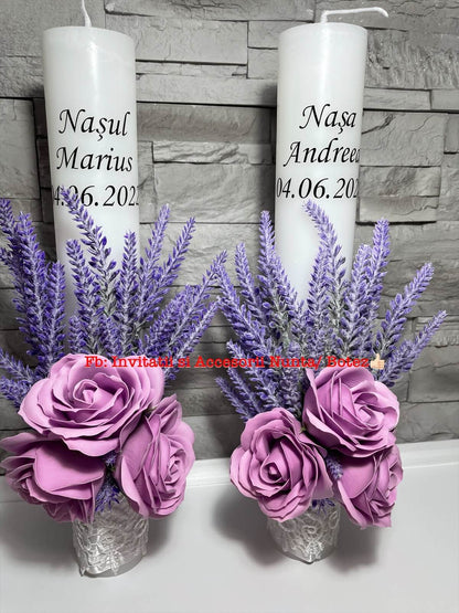 Lumanare nunta personalizata, cu lavanda si trandafiri de sapun