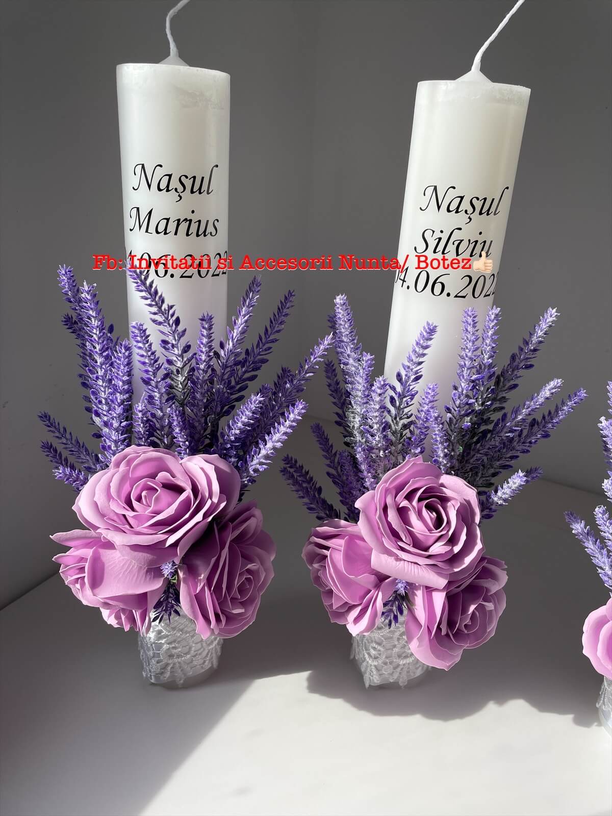 Lumanare nunta personalizata, cu lavanda si trandafiri de sapun
