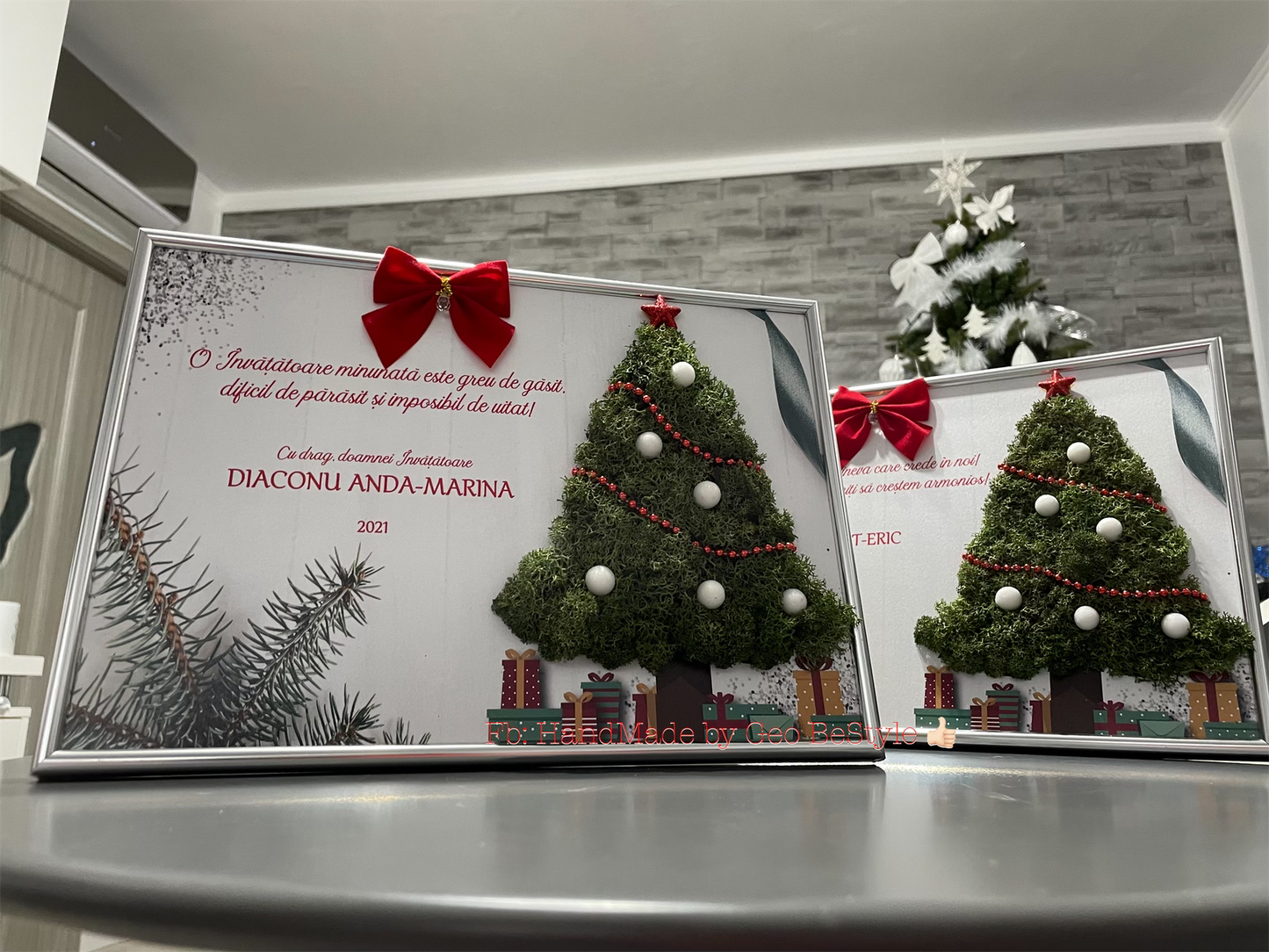 Tablou A4 cu brad din licheni si mesaj de Craciun pentru doamna