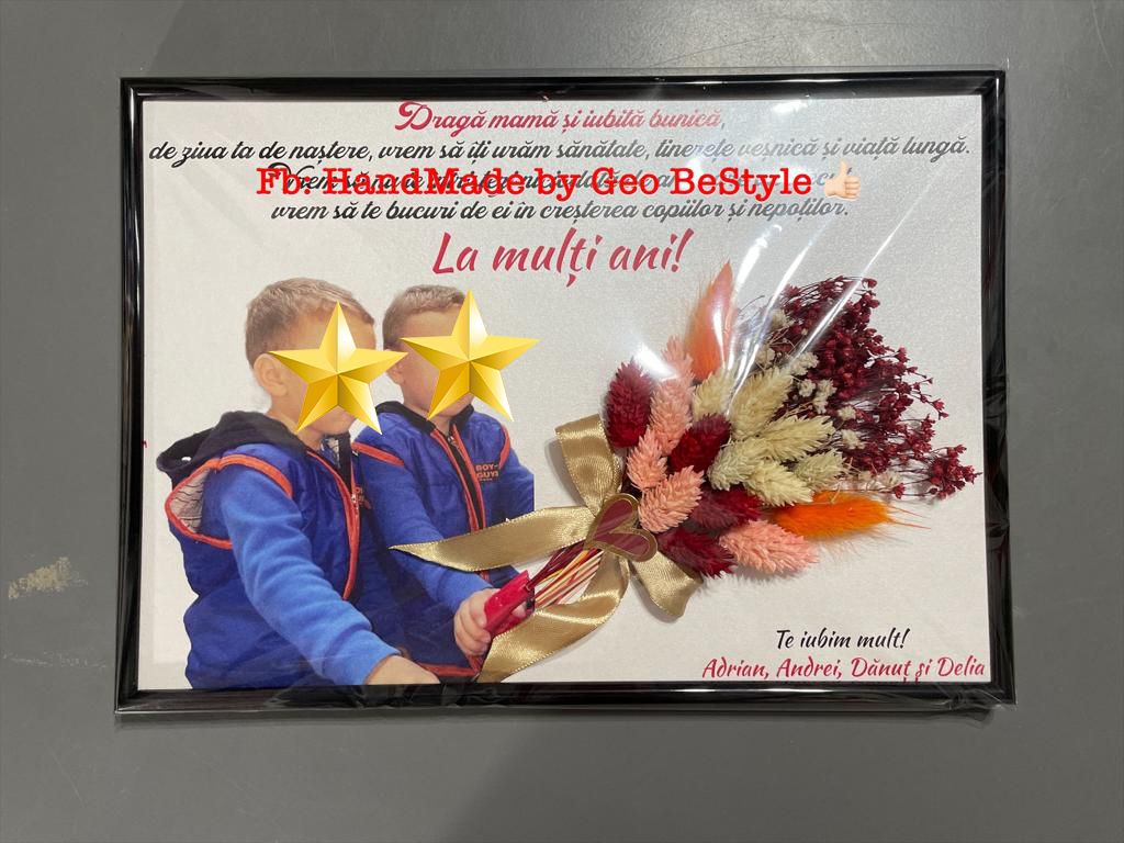 Tablou personalizat cu fotografie si buchet din flori uscate pentru bunici A4