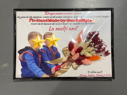 Tablou personalizat cu fotografie si buchet din flori uscate pentru bunici A4