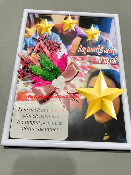 Tablou botez pentru nana sau sora personalizat cu fotografie si buchet din flori uscate 15/20