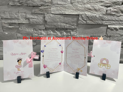 Invitatie botez BSIB023 cu fundita - Princess carriage
