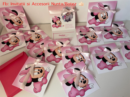 Invitatie botez BSIB005 cu fundita - Baby Minnie Mouse
