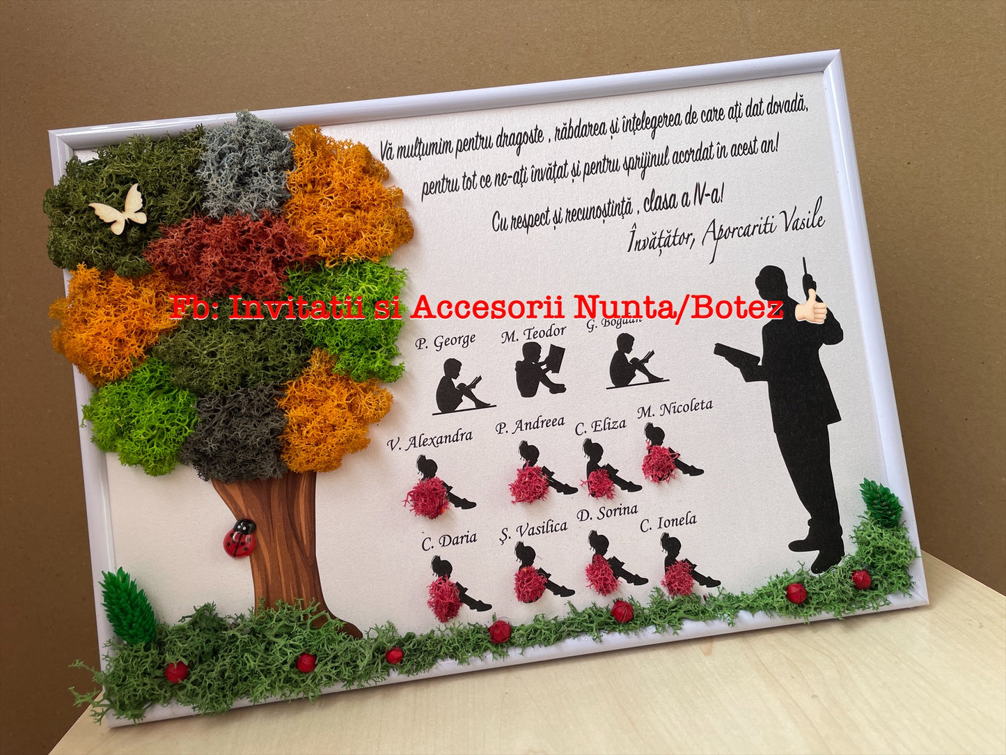 Tablou cu licheni si copii pentru doamna sau domnul invatator - martisor