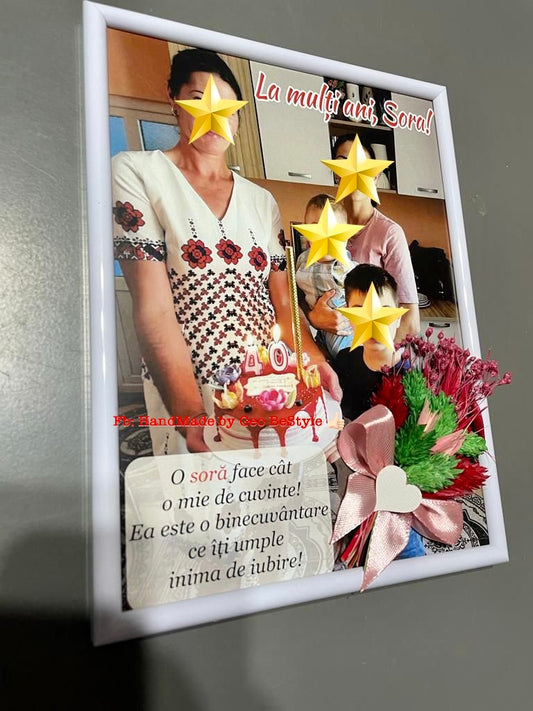 Tablou botez pentru nana sau sora personalizat cu fotografie si buchet din flori uscate 15/20
