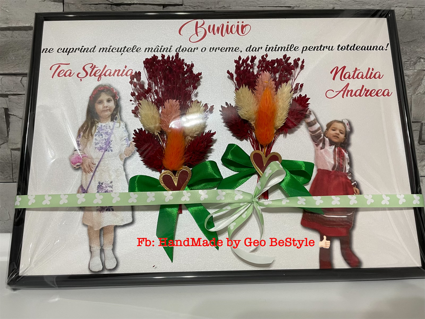 Tablou personalizat cu fotografie si buchet din flori uscate pentru bunici A4