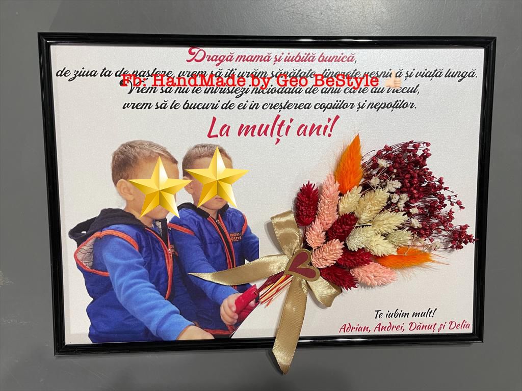 Tablou personalizat cu fotografie si buchet din flori uscate pentru bunici A4