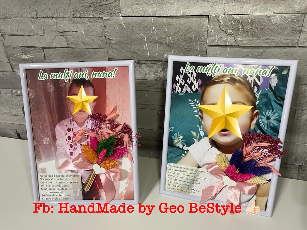 Tablou botez pentru nana personalizat cu fotografie si buchet din flori uscate 15/20
