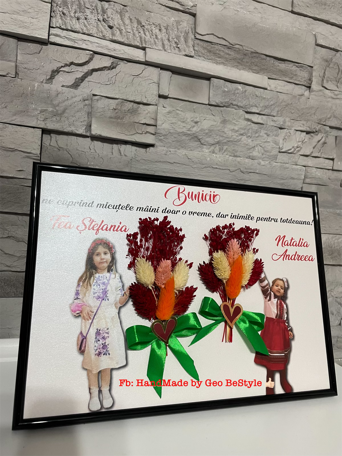 Tablou personalizat cu fotografie si buchet din flori uscate pentru bunici A4