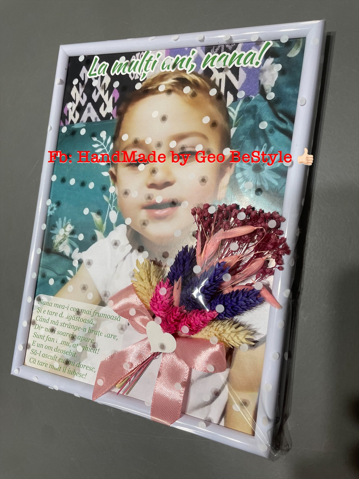 Tablou botez pentru nana personalizat cu fotografie si buchet din flori uscate 15/20